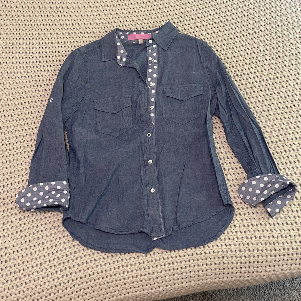 Chambray Button Down with Polka Dot Accent